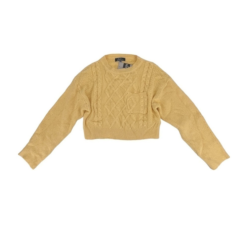NWT Blue Blush Pale Yellow Long Sleeve Knit Pocket Crop Sweater Size Large Women